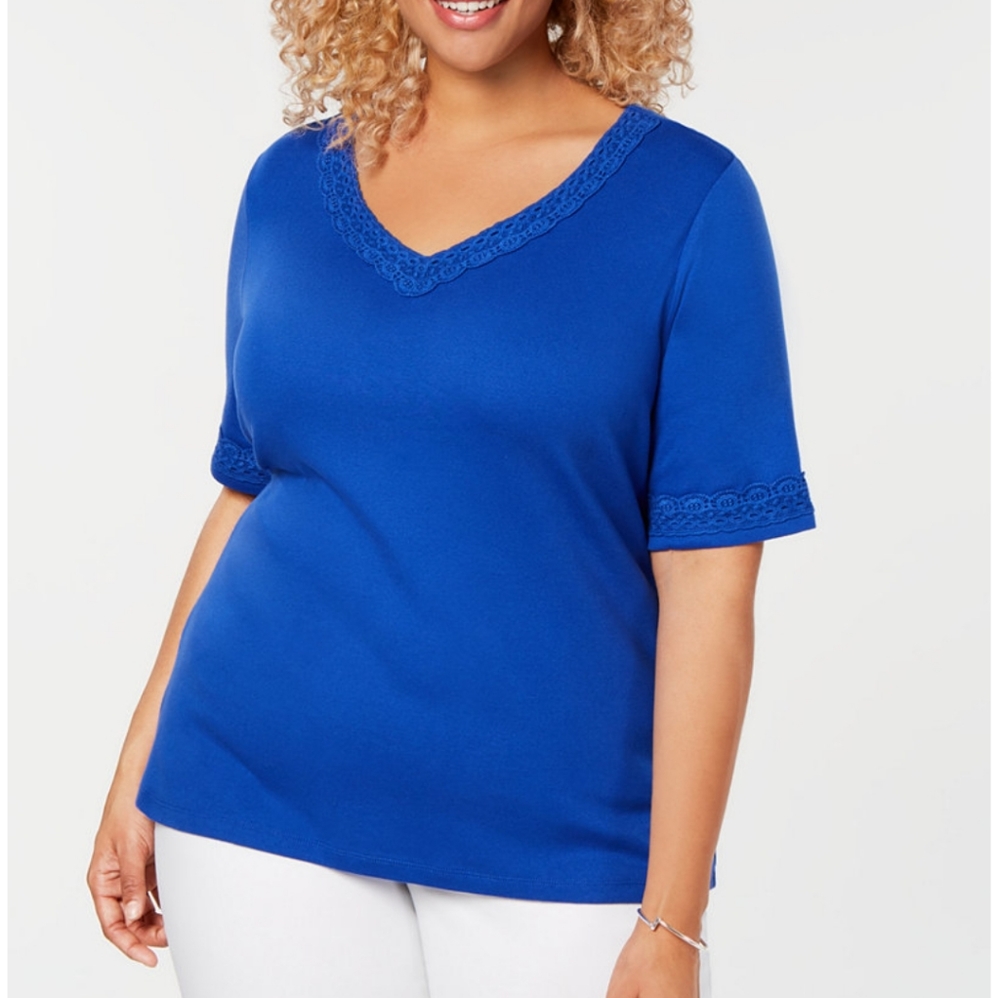 New Karen Scott Plus Blue Cotton Lace-Trim T-Shirt - Picture 3 of 4